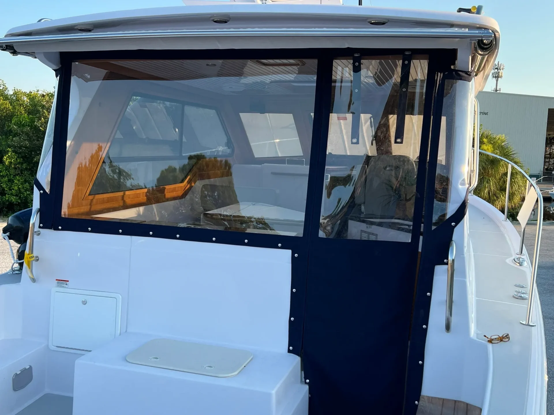 Rear view of boat's enclosed deck