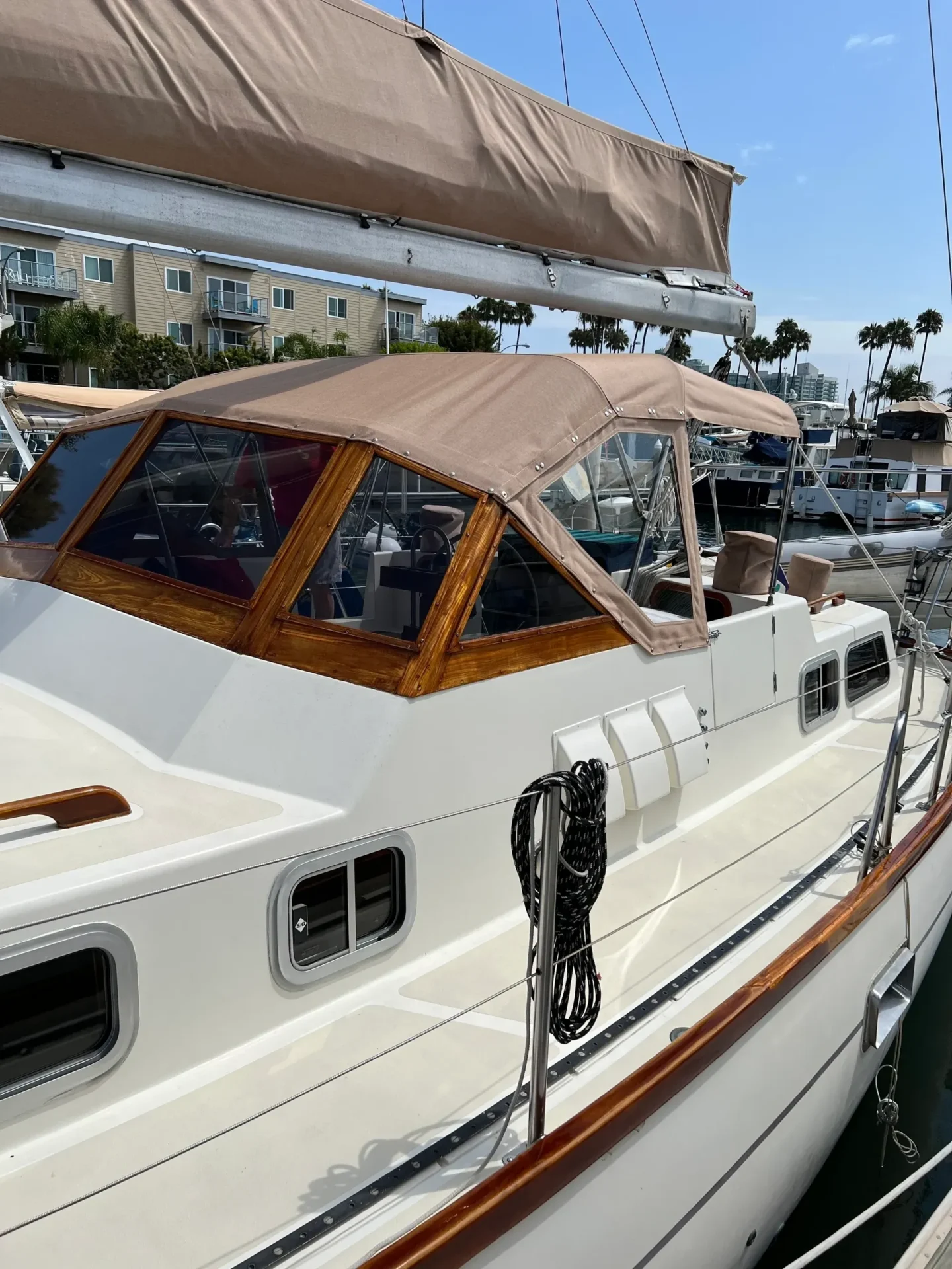 Sailboat docked at a marina