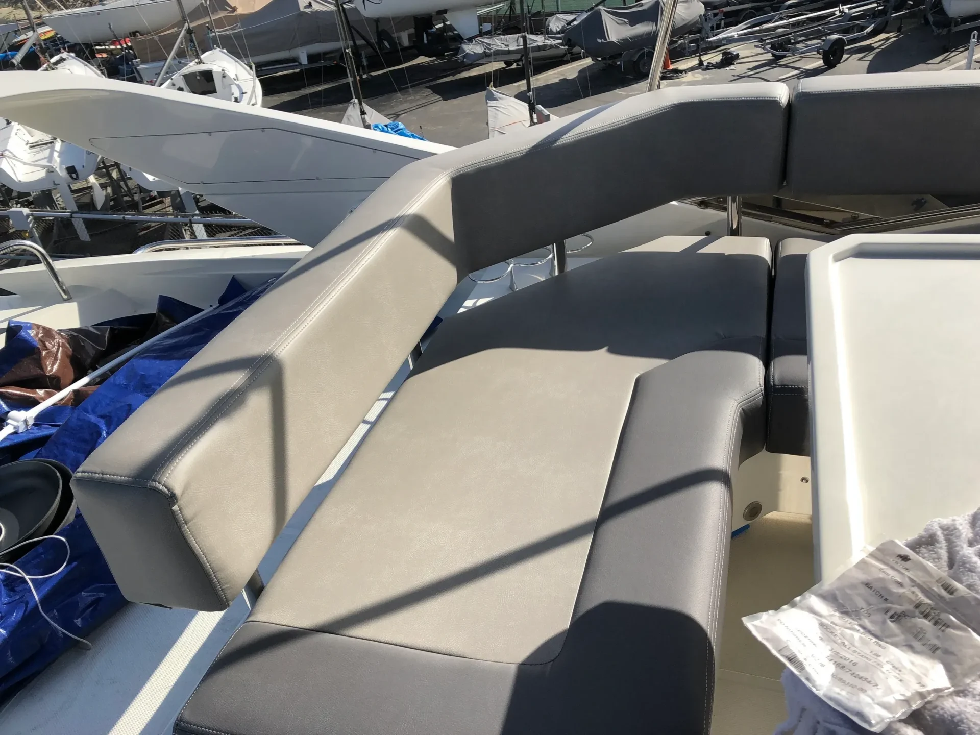 Boat seating with gray cushions